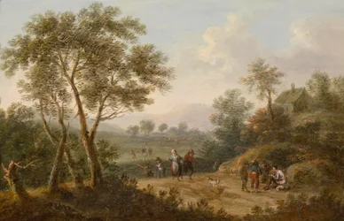 Baumbestandene Landschaft mit Reisenden
